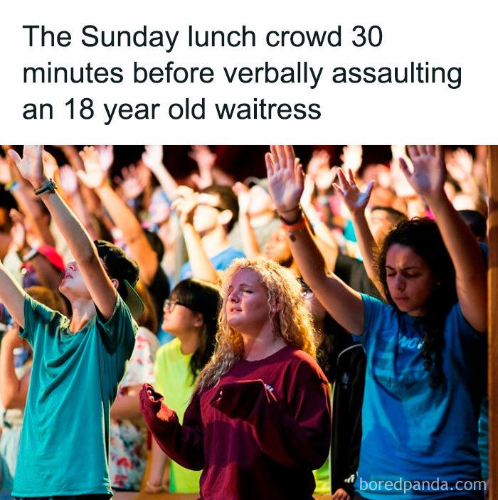 two girls standing in front of an audience with their hands up and the caption reads, the sunday lunch crowd 30 minutes before ver