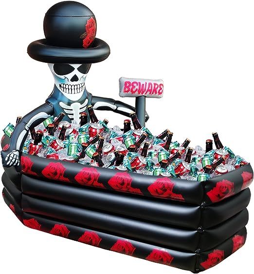 an inflatable pool with a skeleton wearing a top hat and beer bottles on it