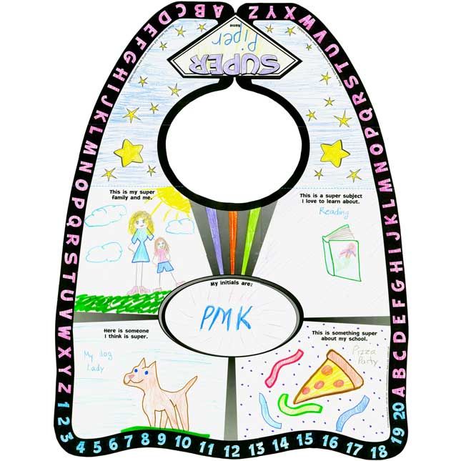 a child's bib with drawings on it