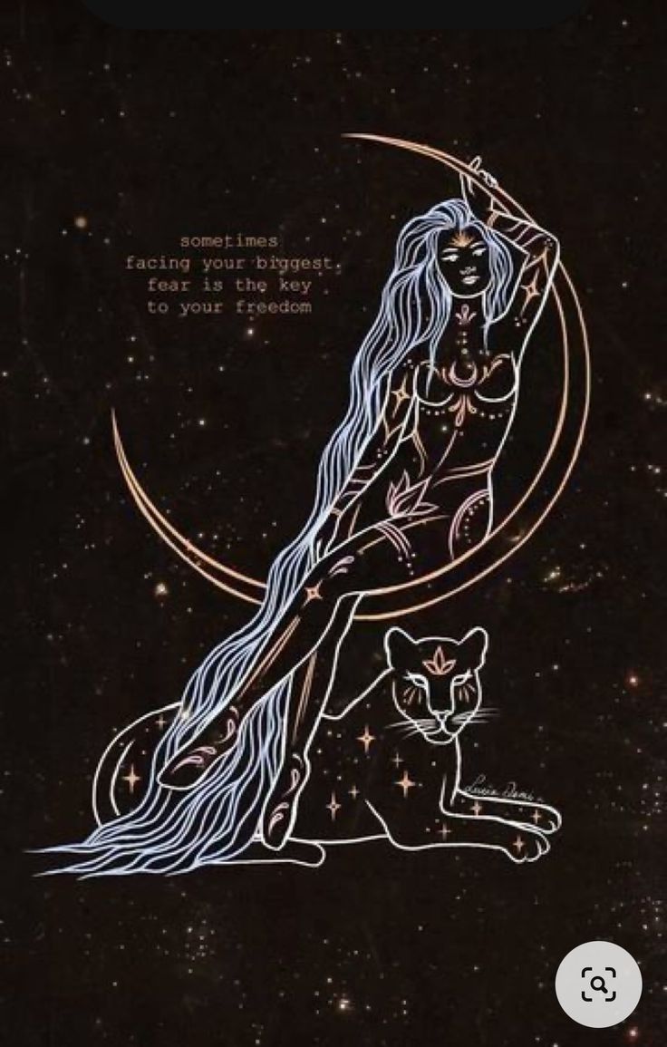 a woman with long hair sitting on top of a cat next to a moon and stars