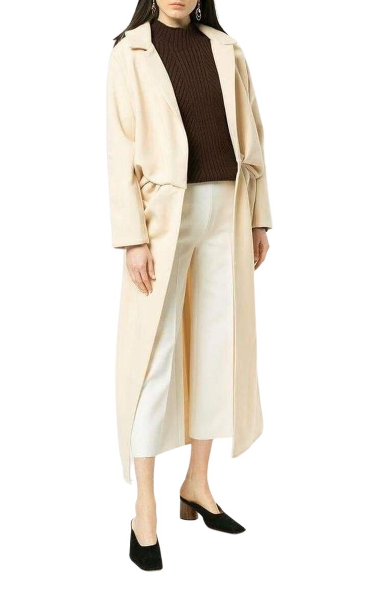 Beige wool blend long coat Notched collarV-neckLong sleevesWrap front Colour: BeigeComposition: wool 45%, polyester 55% Luxury White Long Sleeve Outerwear, Cream Double-breasted Long Sleeve Outerwear, Beige Long Single-breasted Outerwear, Luxury Linen Long-sleeve Outerwear, Luxury Beige Long-sleeved Kimono, Chevron Outfit, Luxury Women Fashion, Maxi Knit Dress, Cotton Skirt