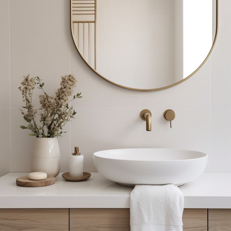 a white sink sitting under a round mirror next to a vase with flowers in it