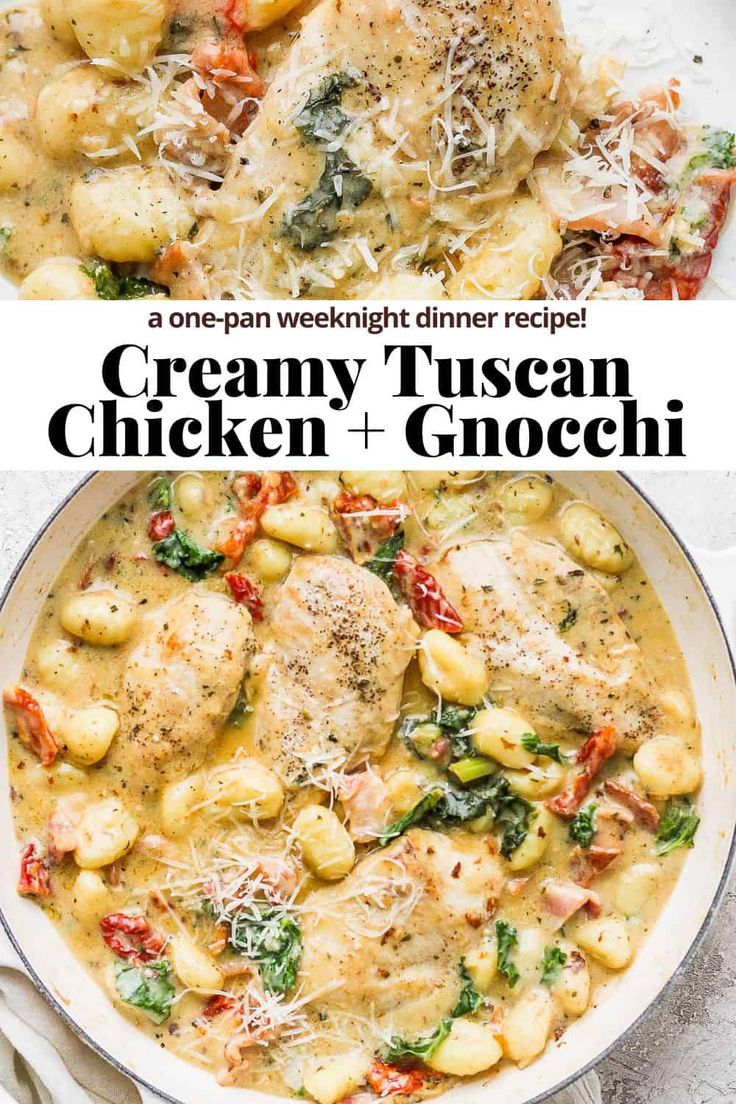 creamy tuscann chicken and gnocchi in a skillet