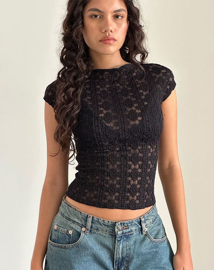 Black Lacy Tops Outfit, Black Tops Aesthetic, Cute Lace Tops, Trendy Lace Top, Lace Top Outfit, Lace Up Back Top, Lace Black Top, Lace Top Black, Black Lace Top