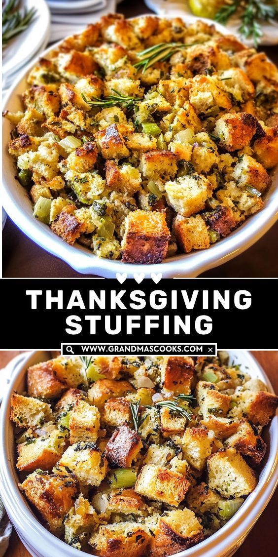 thanksgiving stuffing in a casserole dish with rosemary sprigs