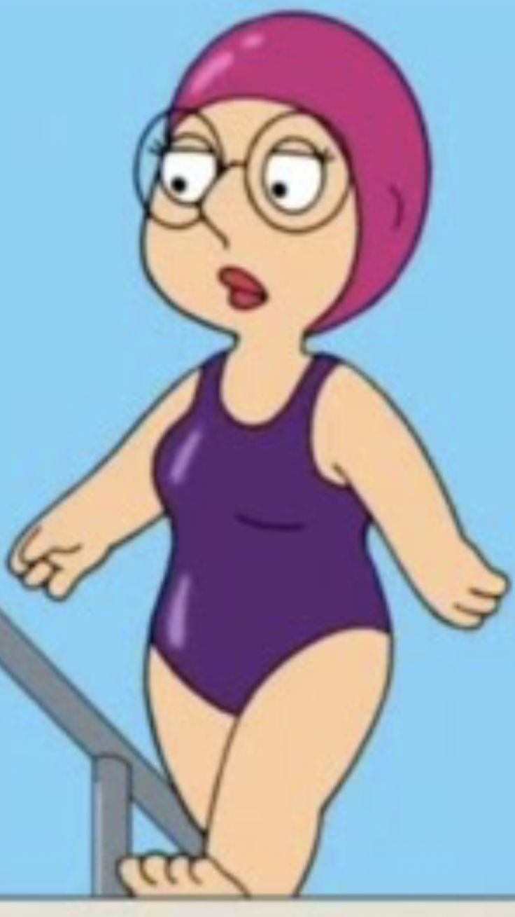 a cartoon character with pink hair and glasses standing on a stair case while wearing a purple swimsuit