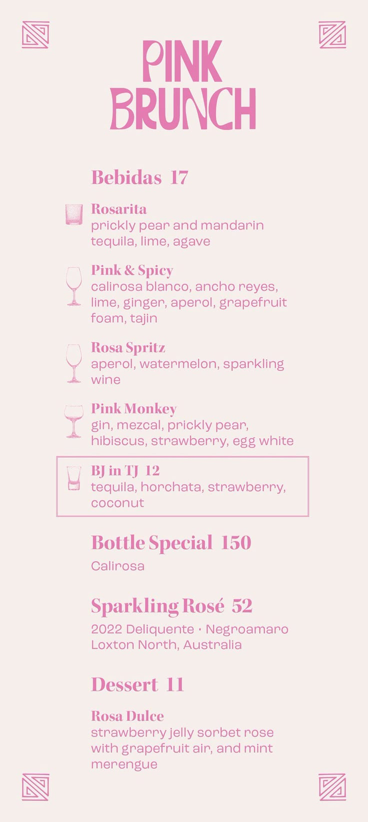 the menu for pink brunch