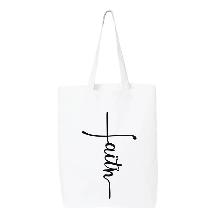 "Faith Cotton Tote Bag, Religious, Jesus, Friendly Bag, Shopping Bag, Cats, Church Disciple, Farmers Market Tote Bag, Vertical Faith Cross 6.0 oz., 100% cotton 20\" self-fabric handles 9\" handle drop Bottom gusset 15\"W x 16\"H x 3\"D" White Softback Bags For Daily Use, White Everyday Softback Bag, White Pouch Gift Bag, White Gift Bag Pouch, White Tote Gift Bag, Everyday Rectangular Bag With Letter Print, White Gift Shoulder Bag, Everyday Shoulder Gift Bag, Everyday Pouch Bag With Letter Print