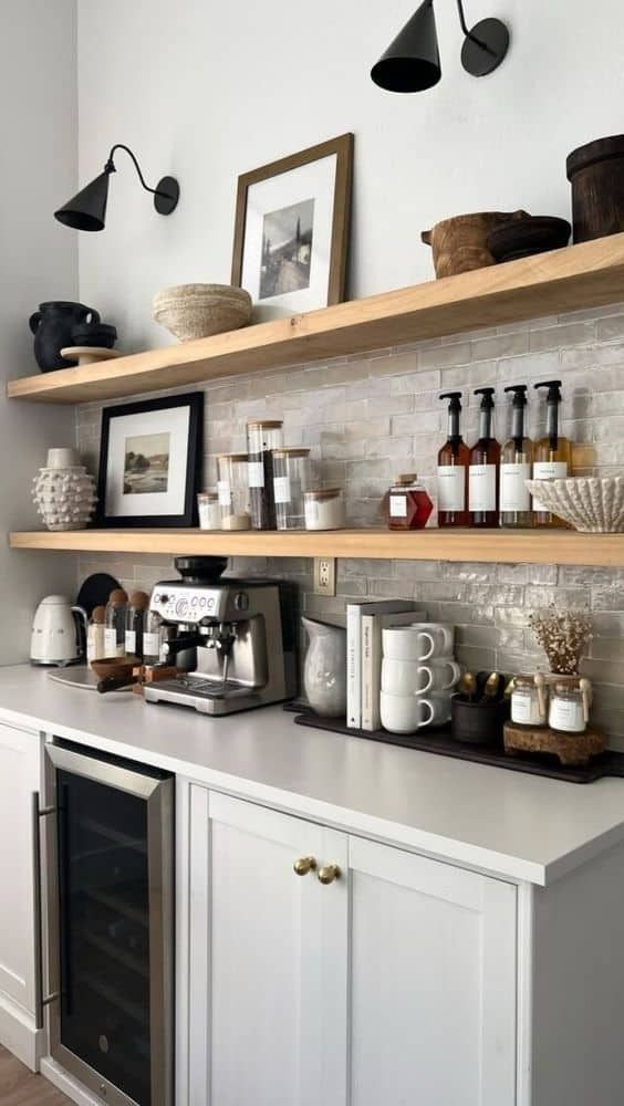 the shelves in this kitchen are filled with various items