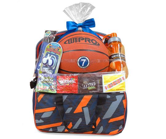 an orange and blue back pack filled with sports items