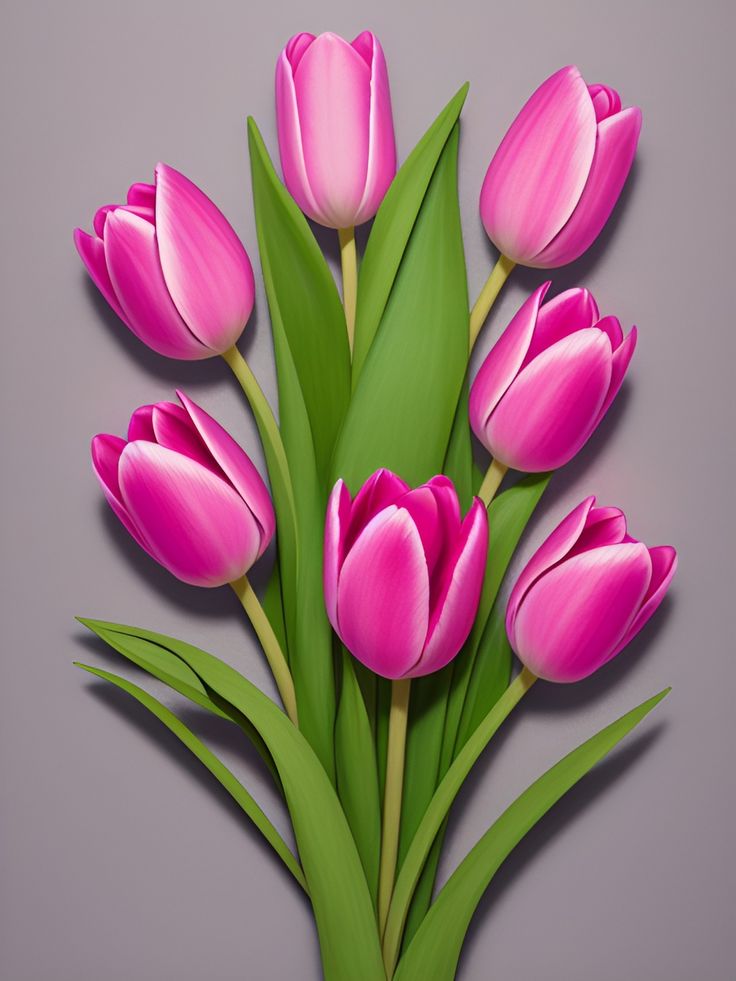 pink tulips with green leaves on a gray background are arranged in the shape of a bouquet