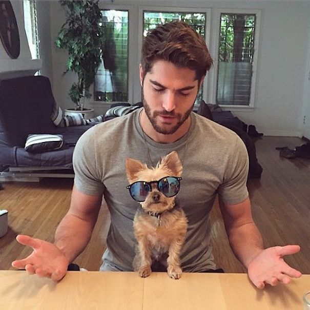 a man sitting at a table with a small dog in his lap and wearing sunglasses