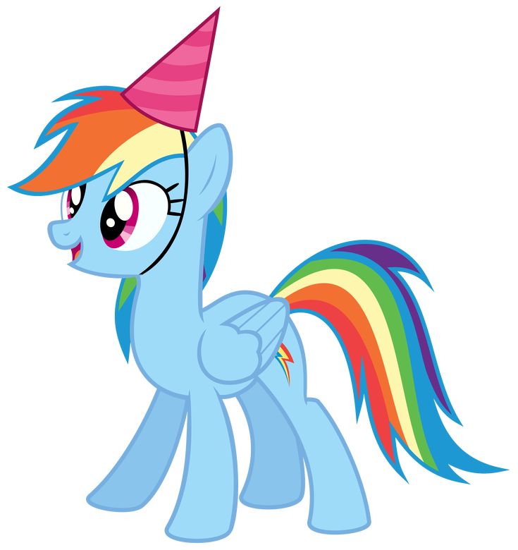 a rainbow pony with a party hat on it's head, looking to the side