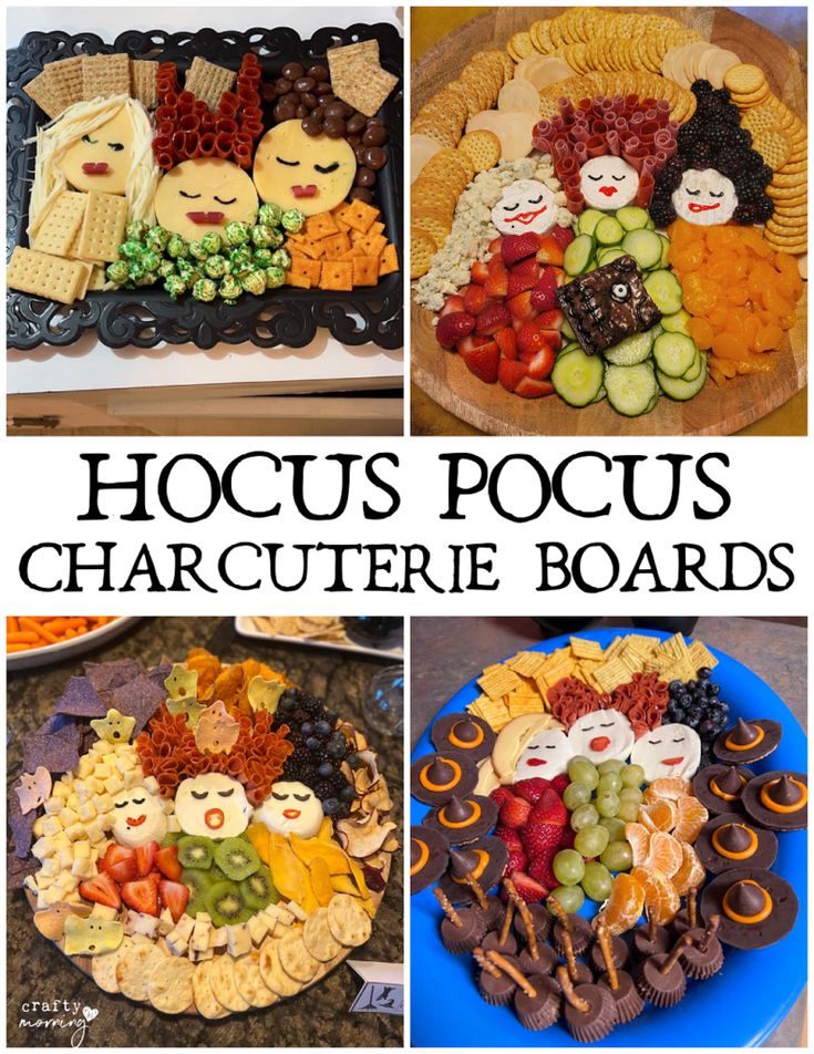 several pictures of different types of food with words hoccus pocus's charcuterie boards