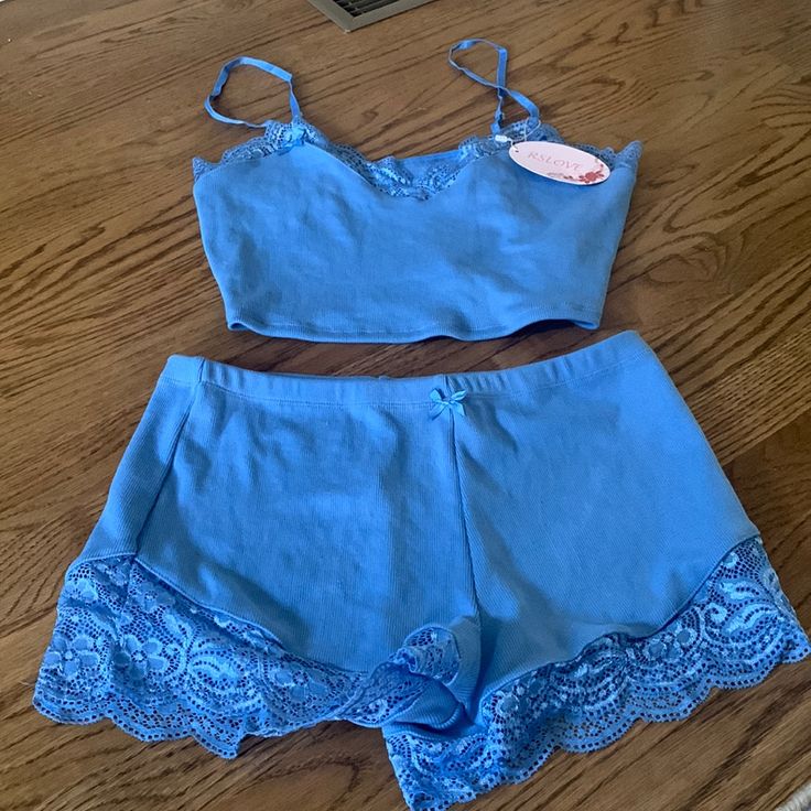 Soft Nwt V Next Top Blue Spring Sleepwear For Lounging, Blue Sets For Relaxation In Spring, Light Blue Summer Sleepwear Set, Light Blue Fitted Loungewear Sets, Fitted Light Blue Loungewear Sets, Blue Pajama Shorts For Bedtime, Blue Pajama Shorts For Spring Lounging, Blue Spring Pajama Shorts For Lounging, Blue Sleepwear For Summer Sleepover