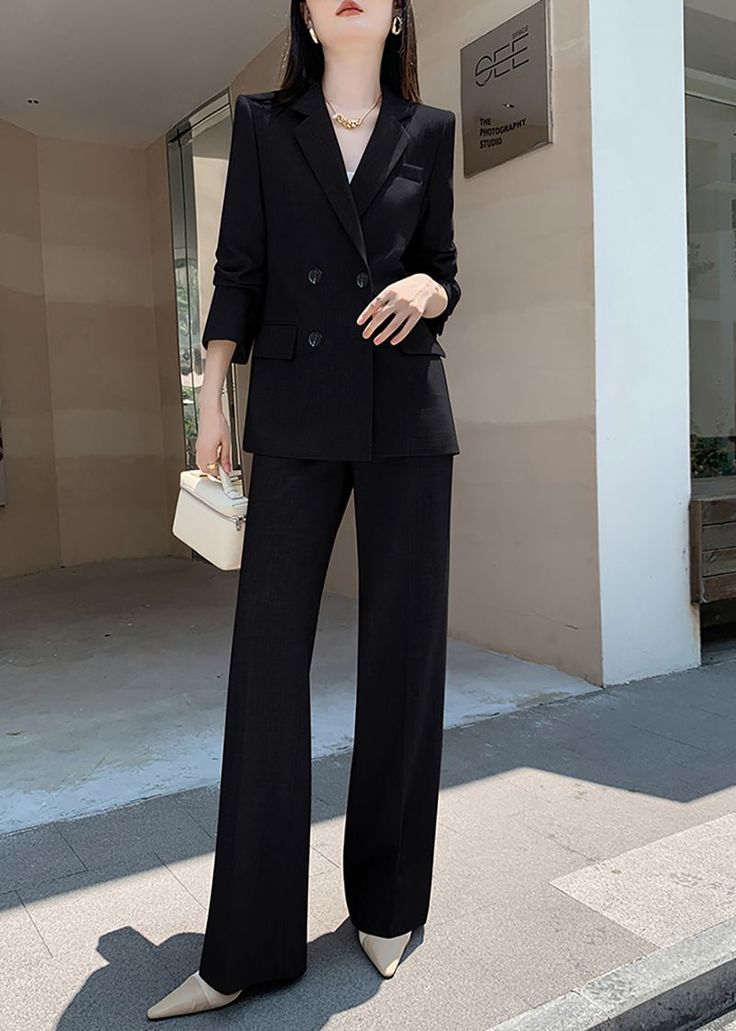 Elevate your wardrobe with our Estelle Double Breasted Blazer Wide Pants Suit. This two-piece set features a sophisticated and exclusive design with a double-breasted blazer and wide-leg pants. Perfect for any occasion, this black suit exudes elegance and taste. Blazer: Double Breasted closure Notched lapels Long sleeves Front flap pockets Pants Zip fly with button closure Side slant pockets Regular length - Polyester, spandex- Item #431910- Women's blazer & pants suit two-piece set SIZE INFO XS Suit Fits Women, Cute Black Suits For Women, Suit And Pants For Women, Feminine Suits Wedding, Women's Pant Suit, Womens Suits Black, Women In Black Suits, Women In Blazer, Women In Pant Suits