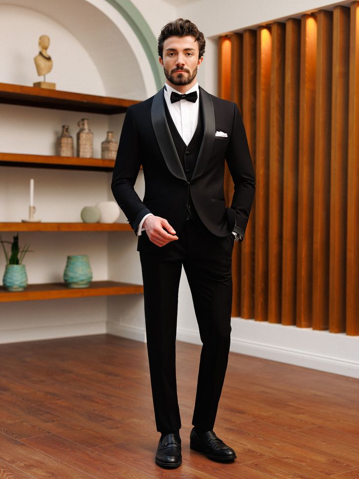 Black Slim-Fit Tuxedo 3-Piece Black Formal Suits Men, Tuxedo For Men All Black, Black Suit Men For Wedding, Coats For Men Formal, Mens Suits For Reception, Black Coat Suit For Men, Black Tux For Wedding, Walima Men Suit, Black Tuxedo Suit For Men