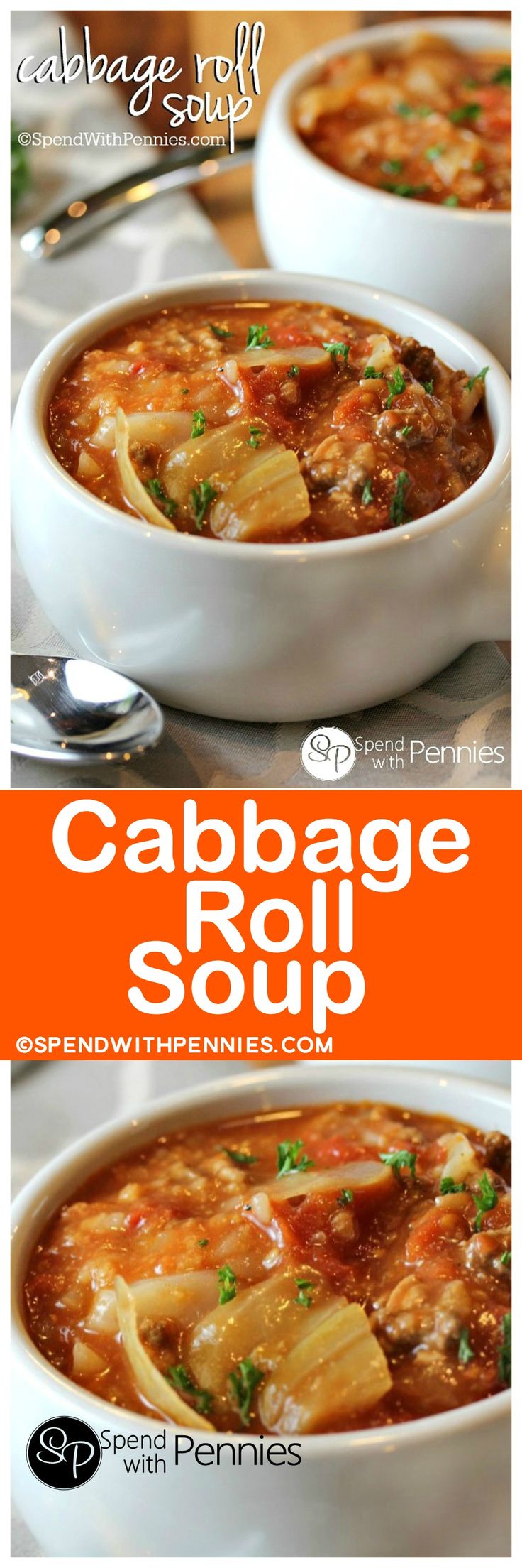 cabbage roll soup in a white bowl with spoons