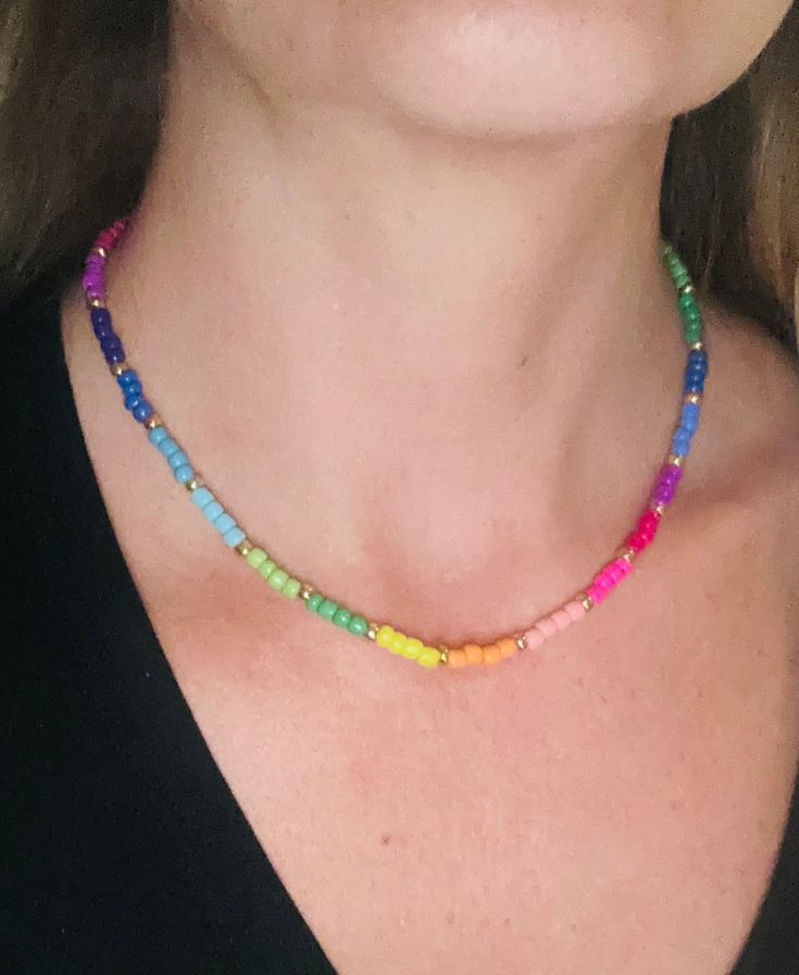 This is the cutest, trending bead necklace you need for all your summer outfits! It is perfect for layering with your other gold chains too.  The colors, the quality, the details- you need one!  length 14-16" but if you need an exact length just let me know in the notes or personalization section. Rainbow Beaded Necklace, Rainbow Beads, Beaded Chain, Bead Necklace, Chain Styles, Beaded Necklaces, Gold Chains, Jewelry Ideas, Favorite Jewelry