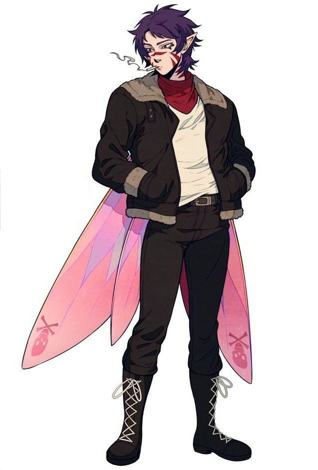 an anime character with purple hair and black pants holding a pink surfboard in his hand