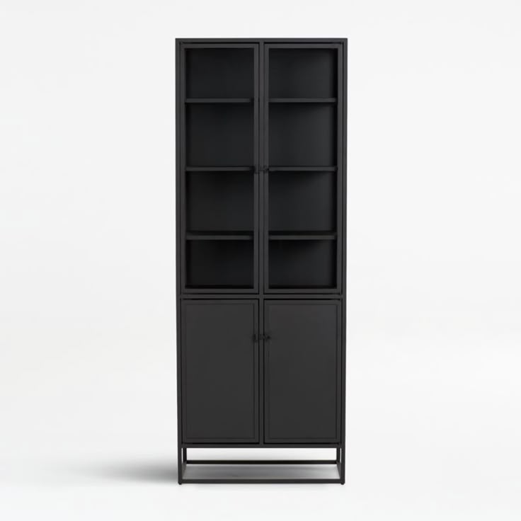 a tall black bookcase with glass doors on the front and bottom shelves, against a white background