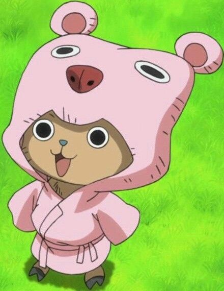 a cartoon character in a pink bear outfit