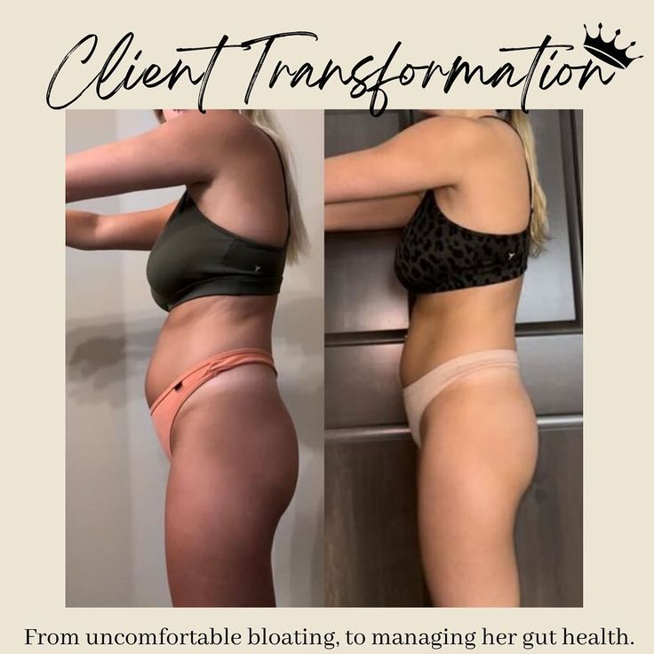 Side-by-side images of a woman in underwear show a transformation. The left photo depicts bloating, while the right shows a flatter abdomen. Text: “Client Transformation.”