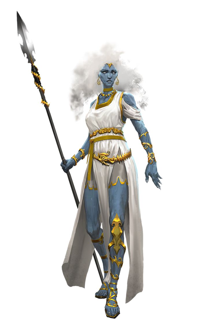 an image of a man holding a spear and wearing blue skin with gold accents on his body