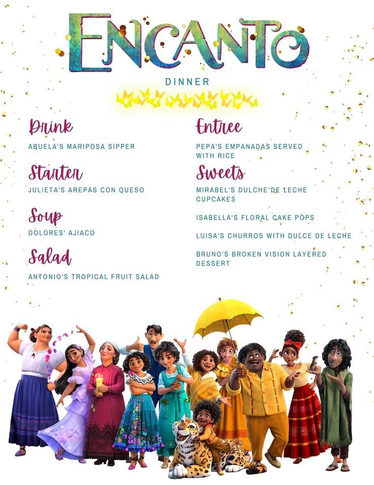 the poster for encanto dinner with many people holding umbrellas in front of them