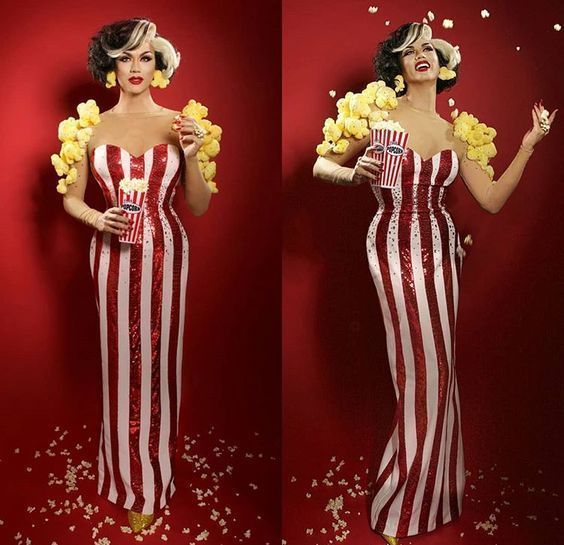 two photos of a woman dressed in red and white striped dress with popcorn on her chest