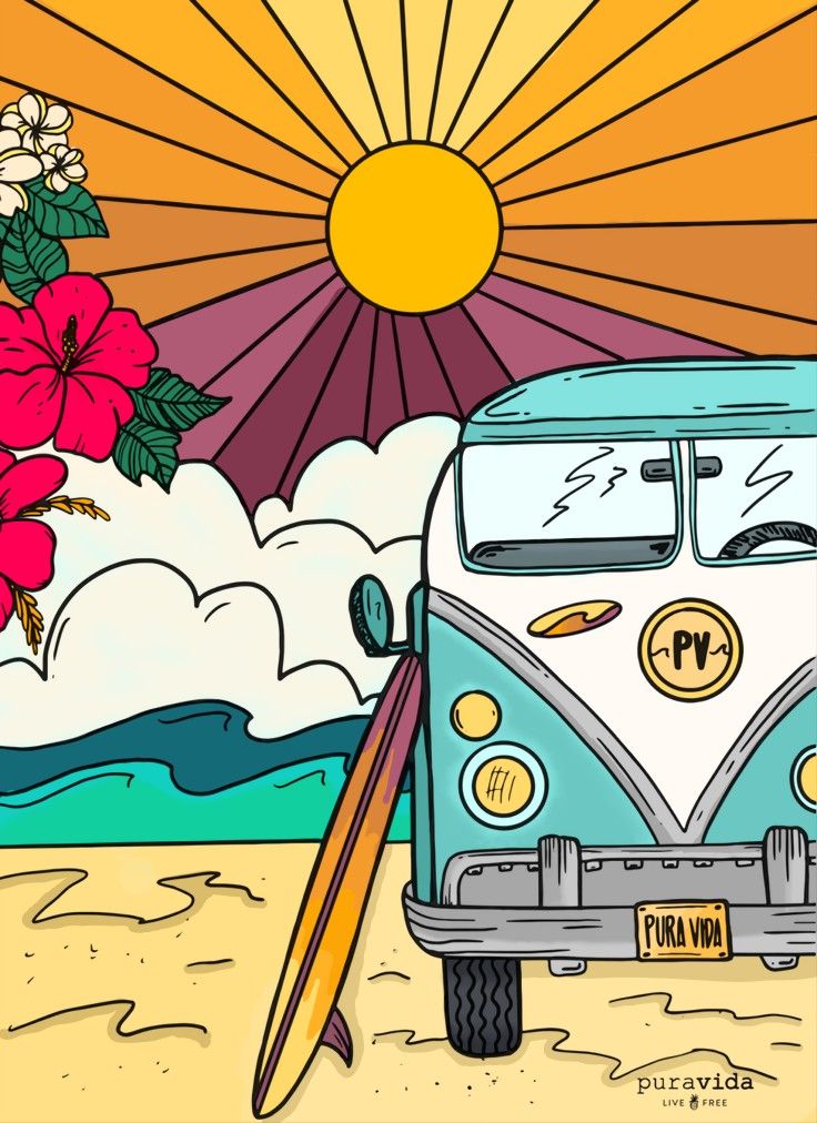 a van parked on the beach with flowers and a surfboard in front of it