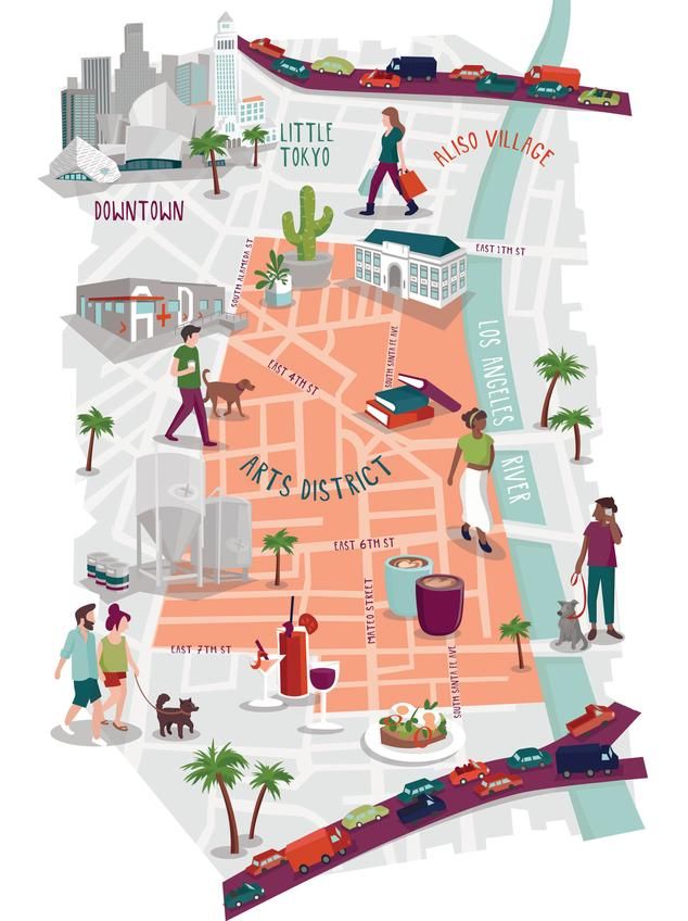 an illustrated map with people walking around it