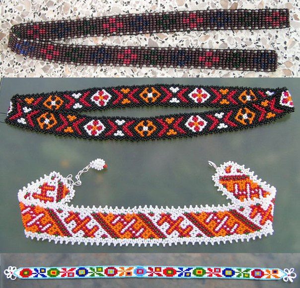 three beaded bracelets are displayed on a table with different colors and patterns in the background