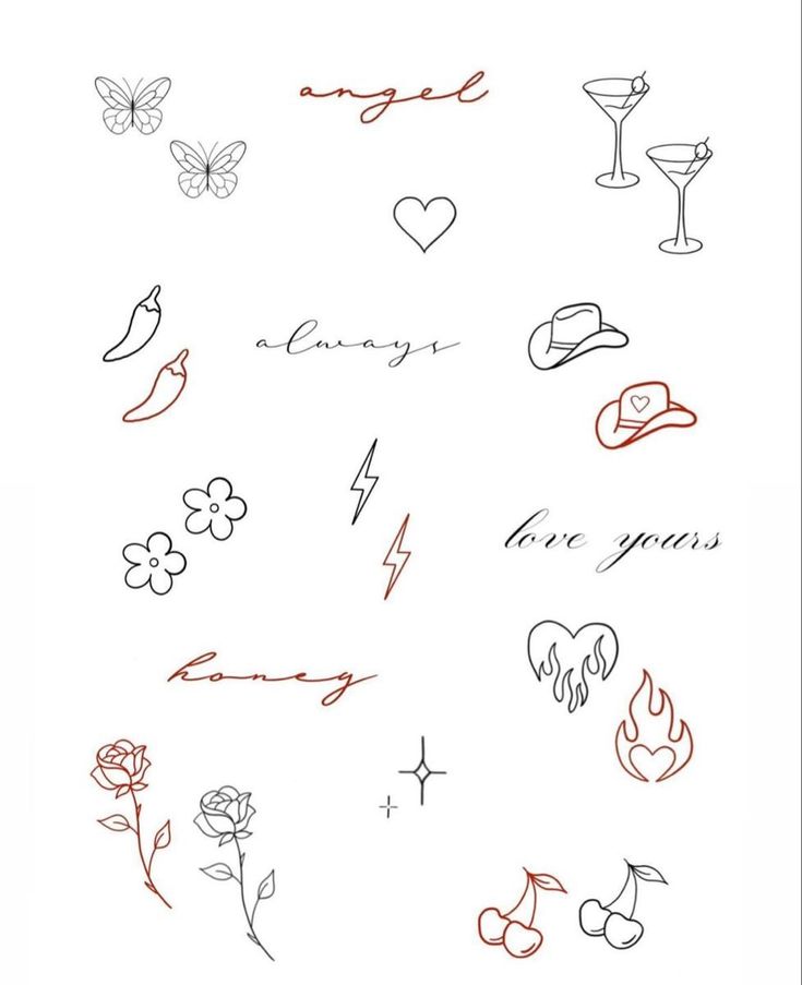 various tattoos on a white sheet with red ink and black markering, including roses, hearts