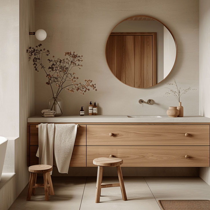 the bathroom is clean and ready for us to use in its new home, with natural wood accents