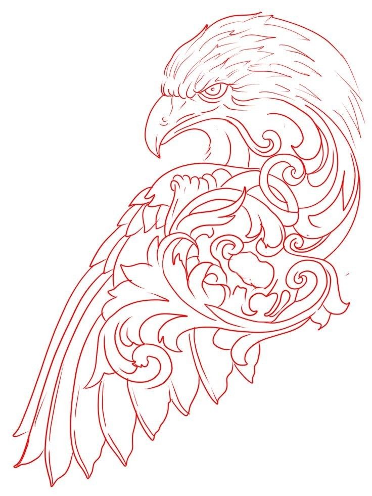 a drawing of an eagle's head with swirls on it