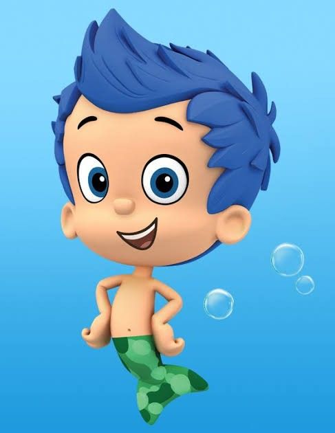 a cartoon boy with blue hair is floating in the water and has bubbles around him