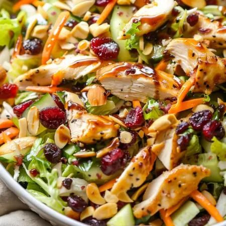 a salad with chicken and cranberries in a white bowl on top of a table