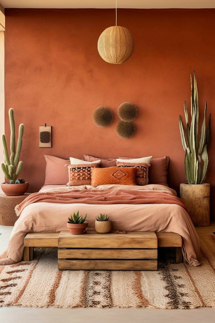 a bedroom with an orange wall and cactus decorations