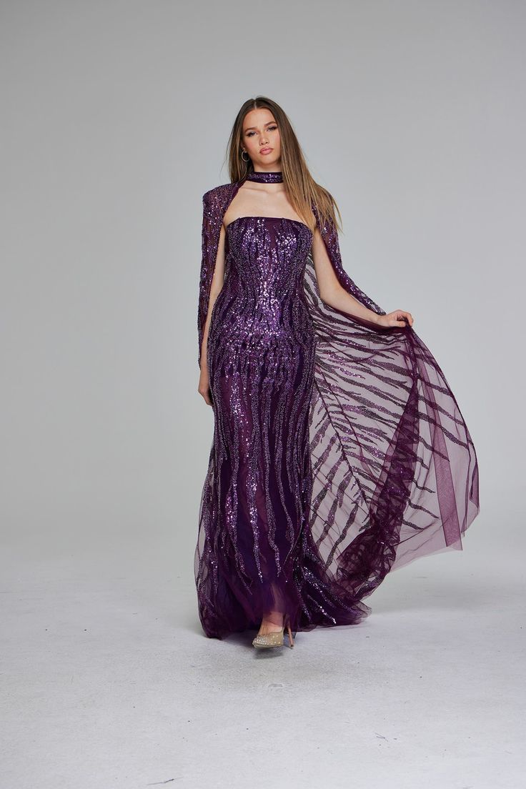 Jovani 39046 Fall 2024 evening collection dress. Moth Repellent, Plastic Dress, Dress Cover, Fall 2024, Dress Collection, Bead Work, Types Of Sleeves, Purple