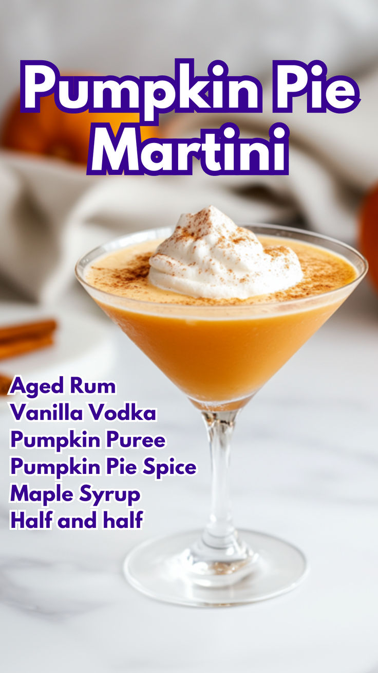 Pumpkin Pie Martini Pumpkin Puree Cocktails, Pumpkin Cocktails, Pumpkin Pie Martini Recipe, Fruity Rum Drinks, Maple Cocktail, Pumpkin Pie Syrup, Pumpkin Martini, Dessert Cocktails, Cocktail Cards