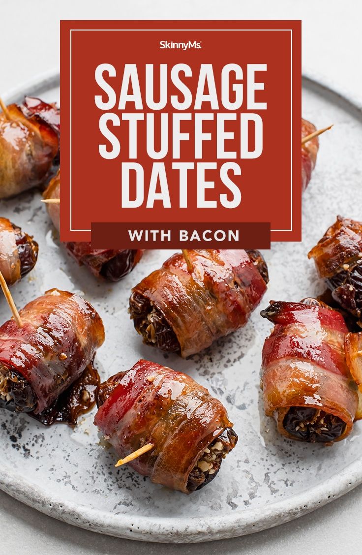 bacon wrapped dates on a plate with text overlay saying sausage stuffed dates with bacon