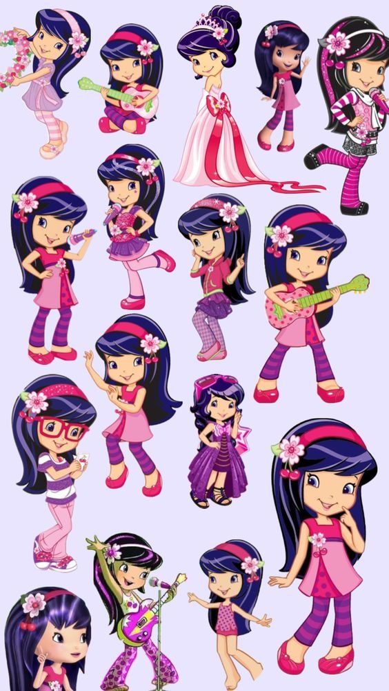 some cartoon girls with different hair styles and colors, all dressed up in pinks