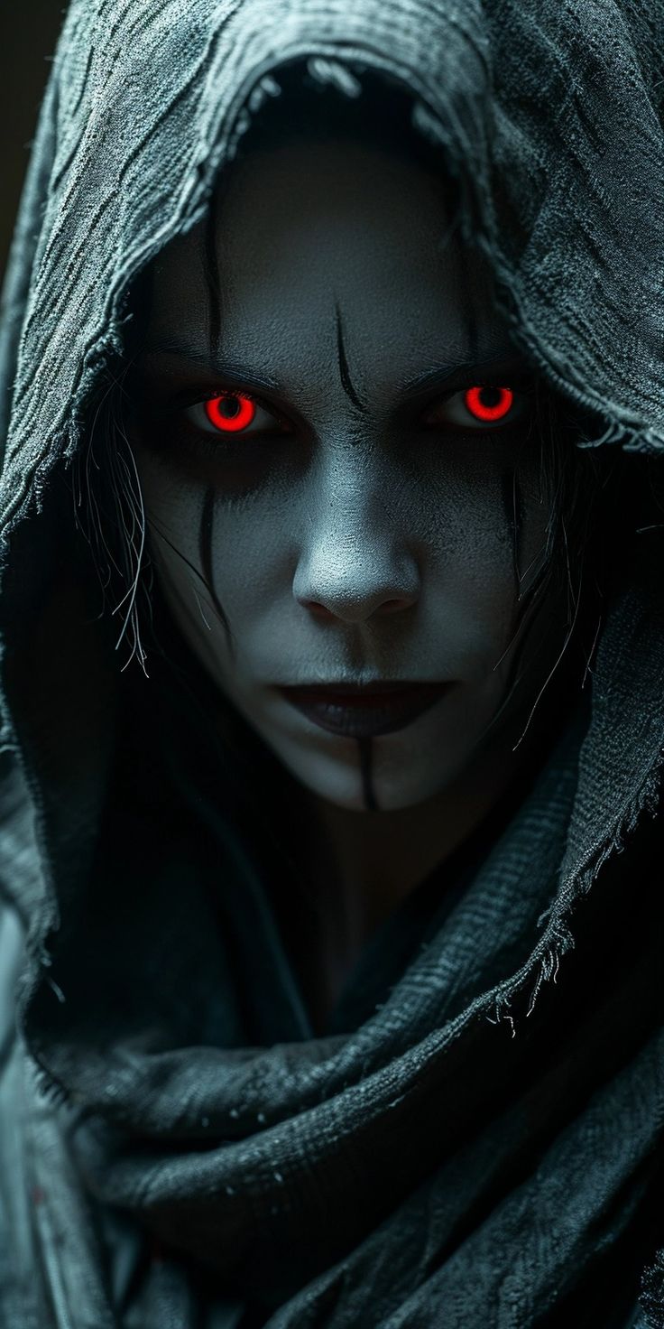 a demonic looking woman with red eyes and scarves