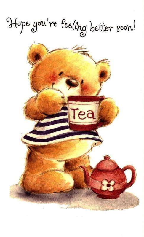 a painting of a teddy bear holding a tea cup with the word'tea'written on it