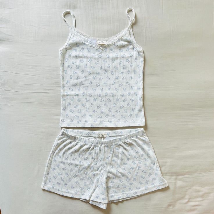 Bnwt Brandy Melville/John Galt White And Baby Blue Teddy Bears Lace Eyelet Bow Tank With White And Baby Blue Teddy Bears Eyelet Emery Pajama Shorts Matching Set Cute Matching Sets Comfy, Brandy Matching Pjs, Brandy Pajamas Set, Pajamas Brandy Melville, Coastal Pajama Set, Matching Clothing Sets, Brandy Melville Pyjama Set, Cute Floral Pajamas, Cute Sleepwear Winter