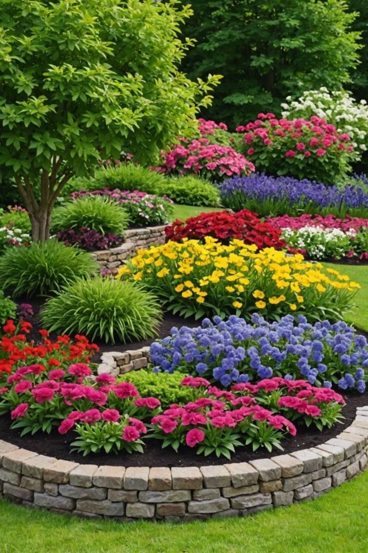 a flower garden with colorful flowers in the center and trees around it on either side