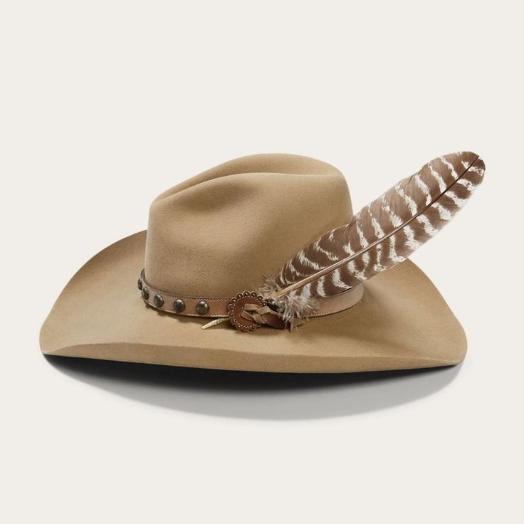 Brim:  4 3/8" Crown:  4" Front, 5" Back�  4X Fur Felt Studded Leather Hat Band with Feather Made in U.S.A. Twisted X Shoes, Dan Post Boots, Broken Bow, Work Pants Women, Stetson Hat, Leather Hat, Rugged Style, Thigh Boot, Western Hats