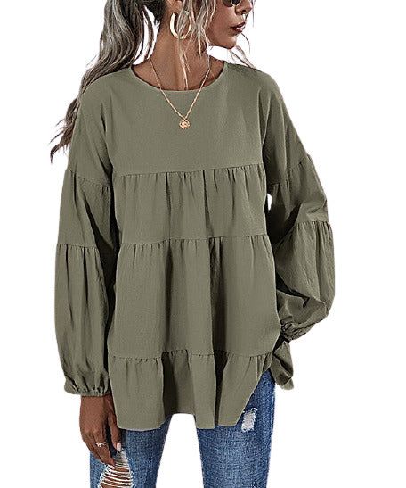 Army Green Tiered Ruffle Long-Sleeve Top size XL Ruffle Long Sleeve, Plain Tops, Linen Style, Plain Shirts, Oversized Top, Casual Tops For Women, Plus Size Blouses, Ruffle Top, Casual Top