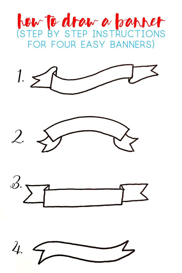 how to draw a banner step by step instructions for four easy banners with the text below